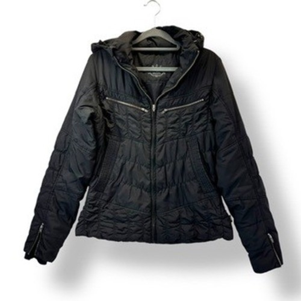 Prana Women's Black Hooded Puffer Jacket Quilted Full Zip Coat - Medium